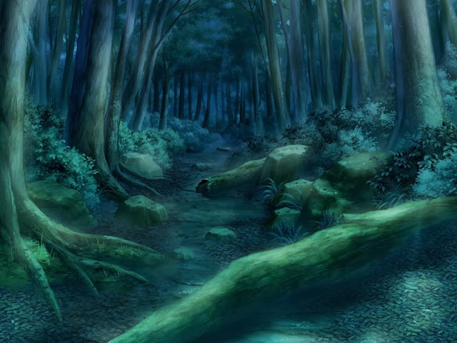 Anime Landscape: Green forest path at night (Anime Background)